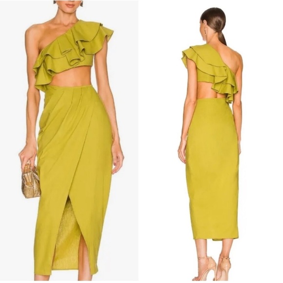 YAURA Revolve Titi Dress Green Linen Blend One Shoulder Ruffle - Picture 1 of 5